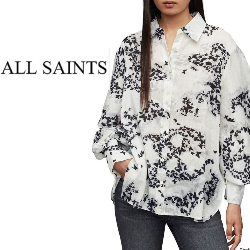All Saints White Button-Up Blouse with Black Floral Print